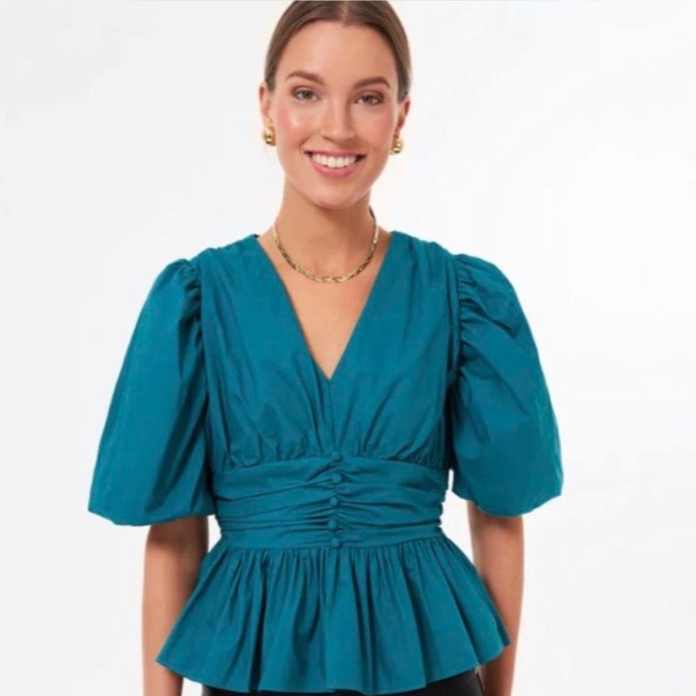 Tuckernuck Hyacinth House Teal Puff Sleeve Peplum Blouse